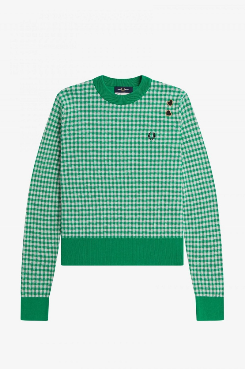 Fred Perry Gingham Women's Jumper Green | TBKZG5376