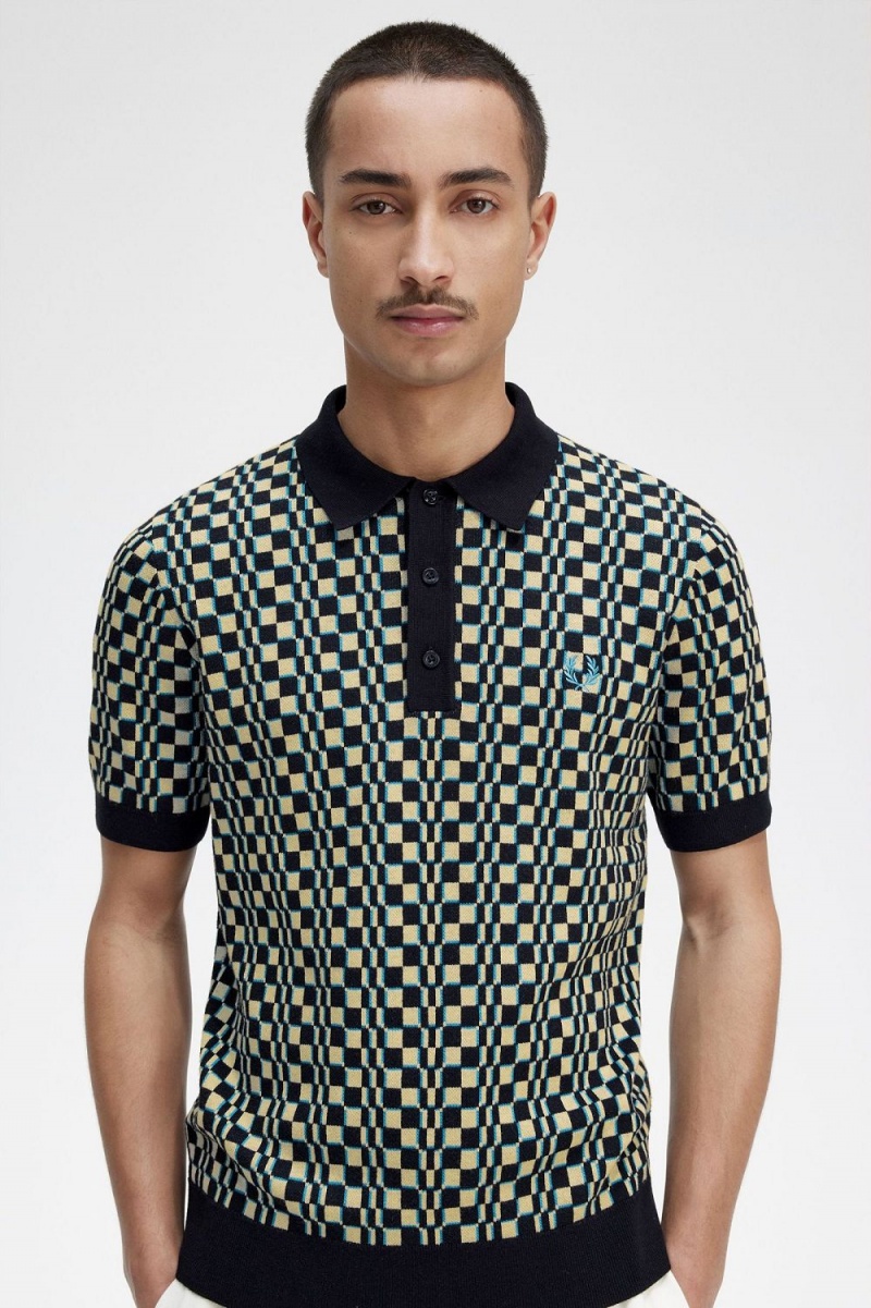 Fred Perry Glitch Chequerboard Knitted Men's Shirt Light Mint Black | AIYOU6104