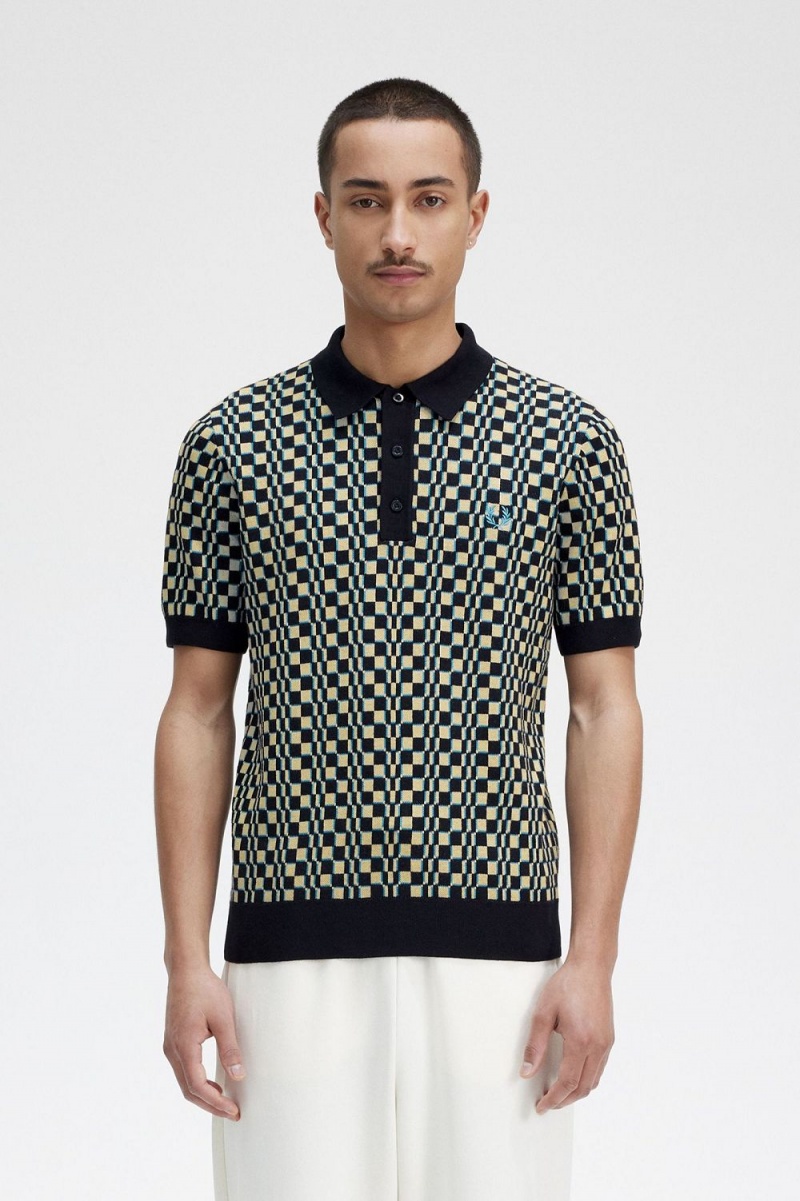 Fred Perry Glitch Chequerboard Knitted Men\'s Shirt Light Mint Black | AIYOU6104