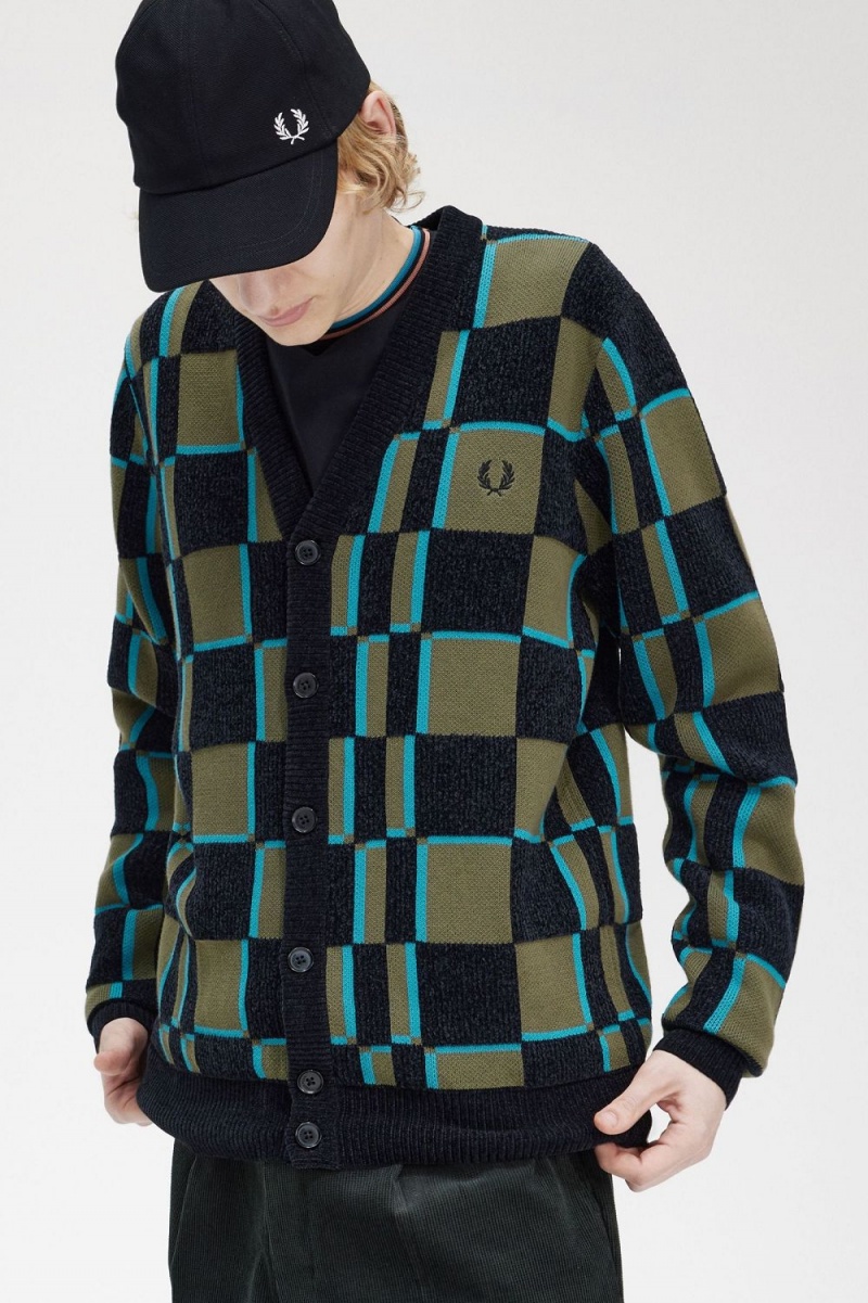 Fred Perry Glitch Chequerboard Men's Cardigan Uniform Green Black | IDLGT2468