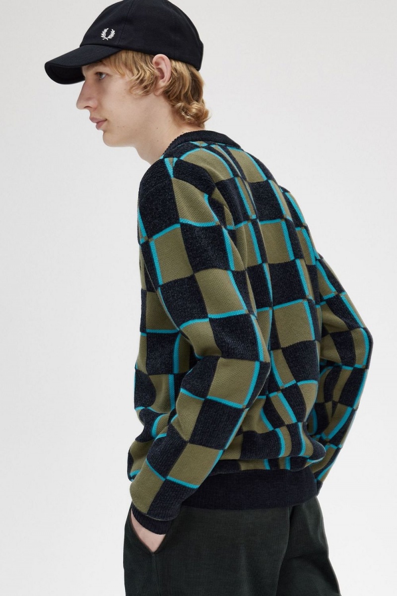 Fred Perry Glitch Chequerboard Men's Cardigan Uniform Green Black | IDLGT2468