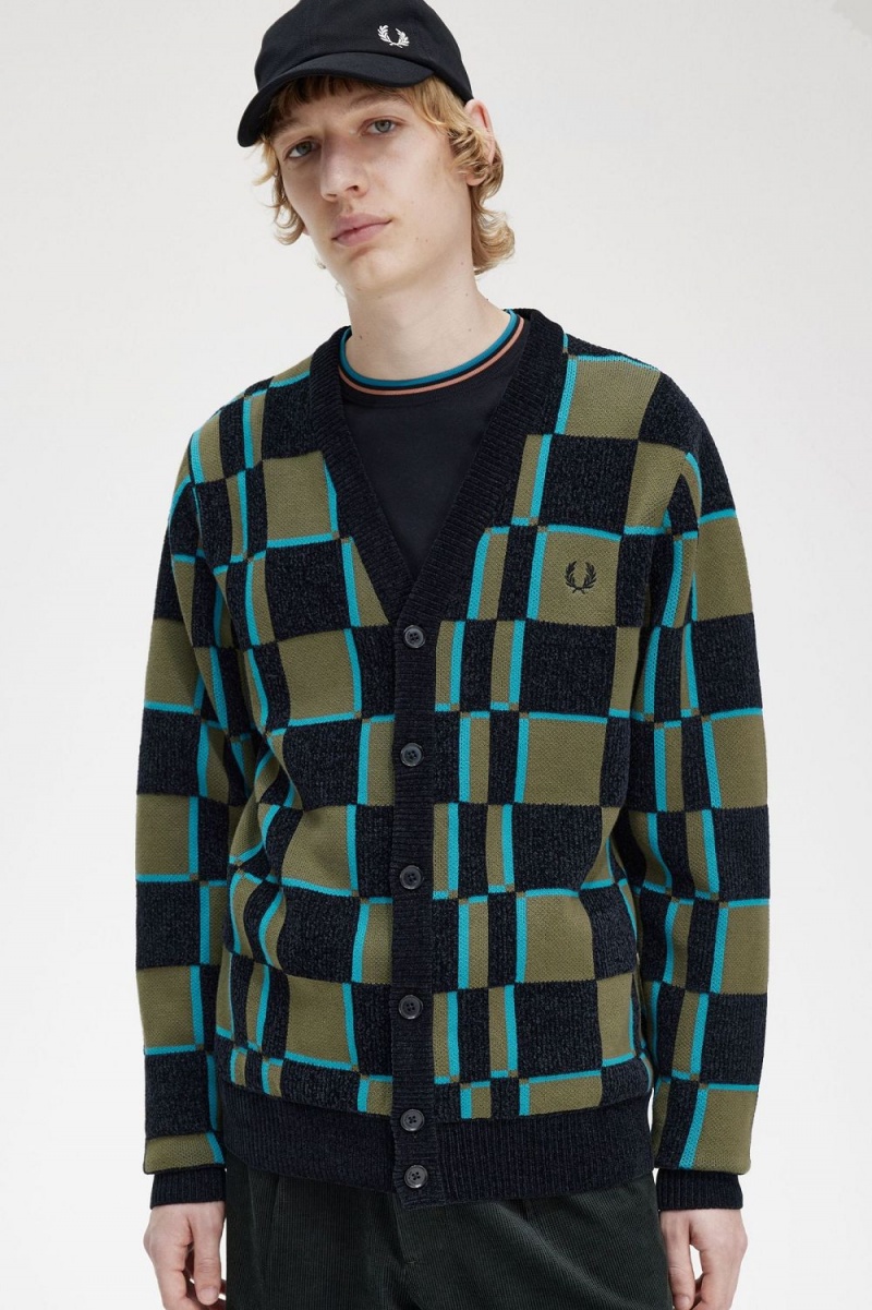 Fred Perry Glitch Chequerboard Men's Cardigan Uniform Green Black | IDLGT2468