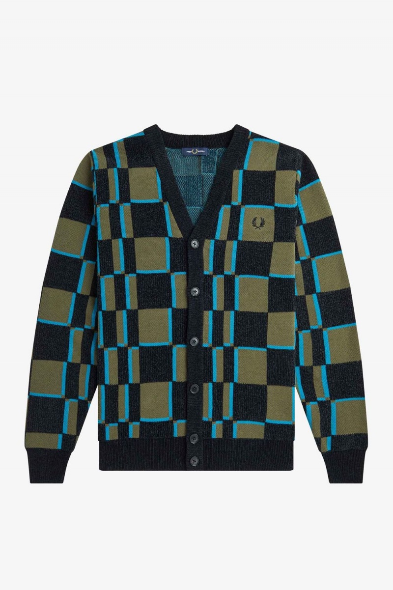 Fred Perry Glitch Chequerboard Men's Cardigan Uniform Green Black | IDLGT2468