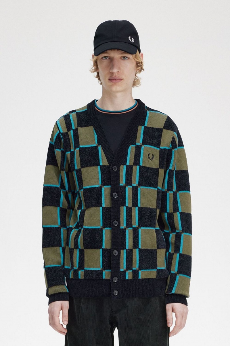 Fred Perry Glitch Chequerboard Men\'s Cardigan Uniform Green Black | IDLGT2468