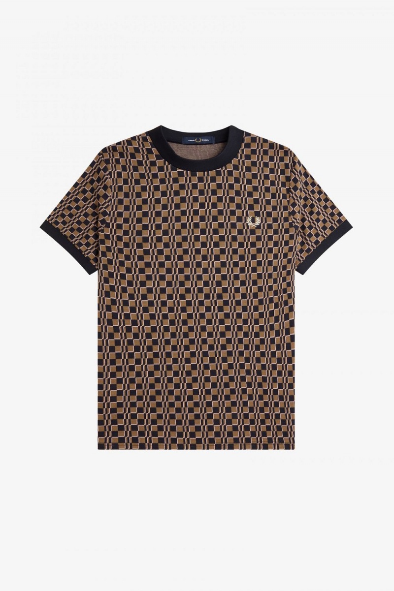 Fred Perry Glitch Chequerboard Men's T-Shirt Brown Navy | XSKQD5630