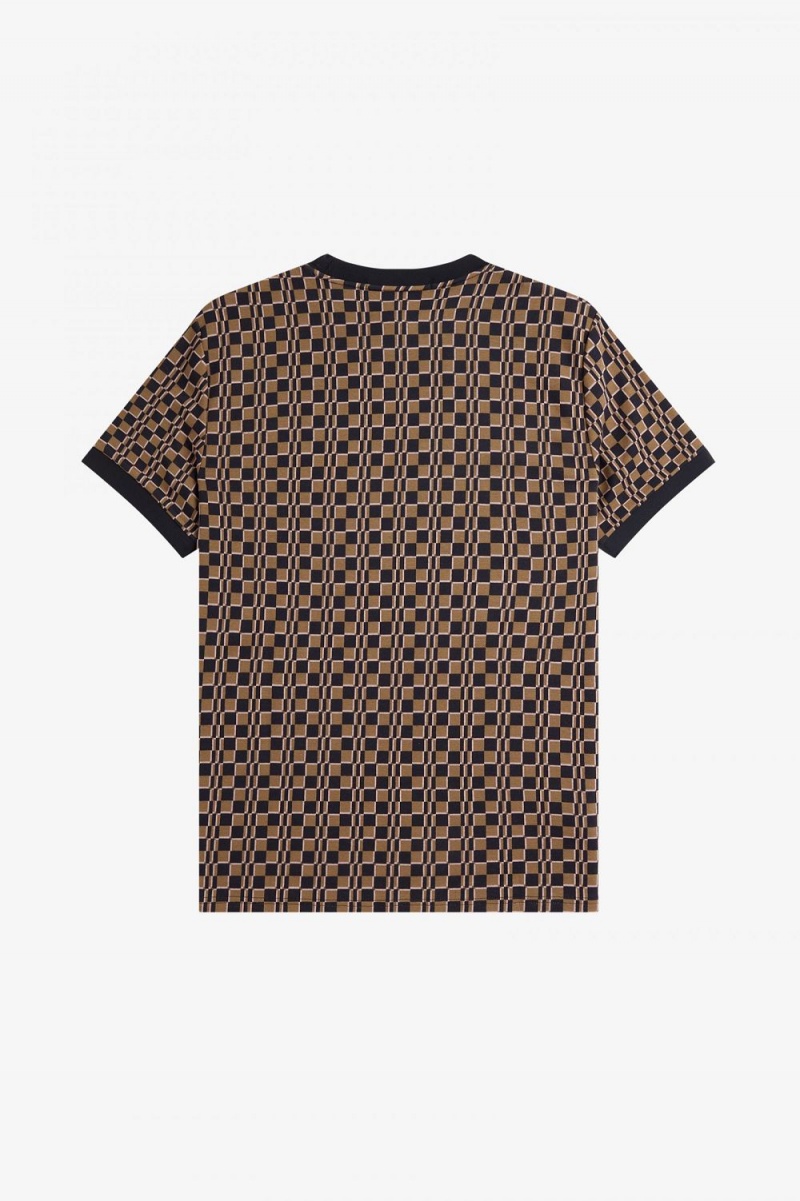 Fred Perry Glitch Chequerboard Men's T-Shirt Brown Navy | XSKQD5630