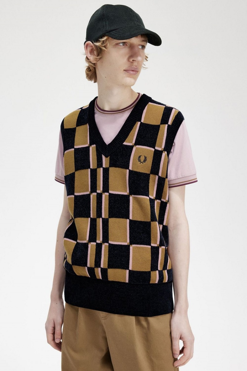 Fred Perry Glitch Chequerboard Men's Tanks Brown Navy | LDQXA4501