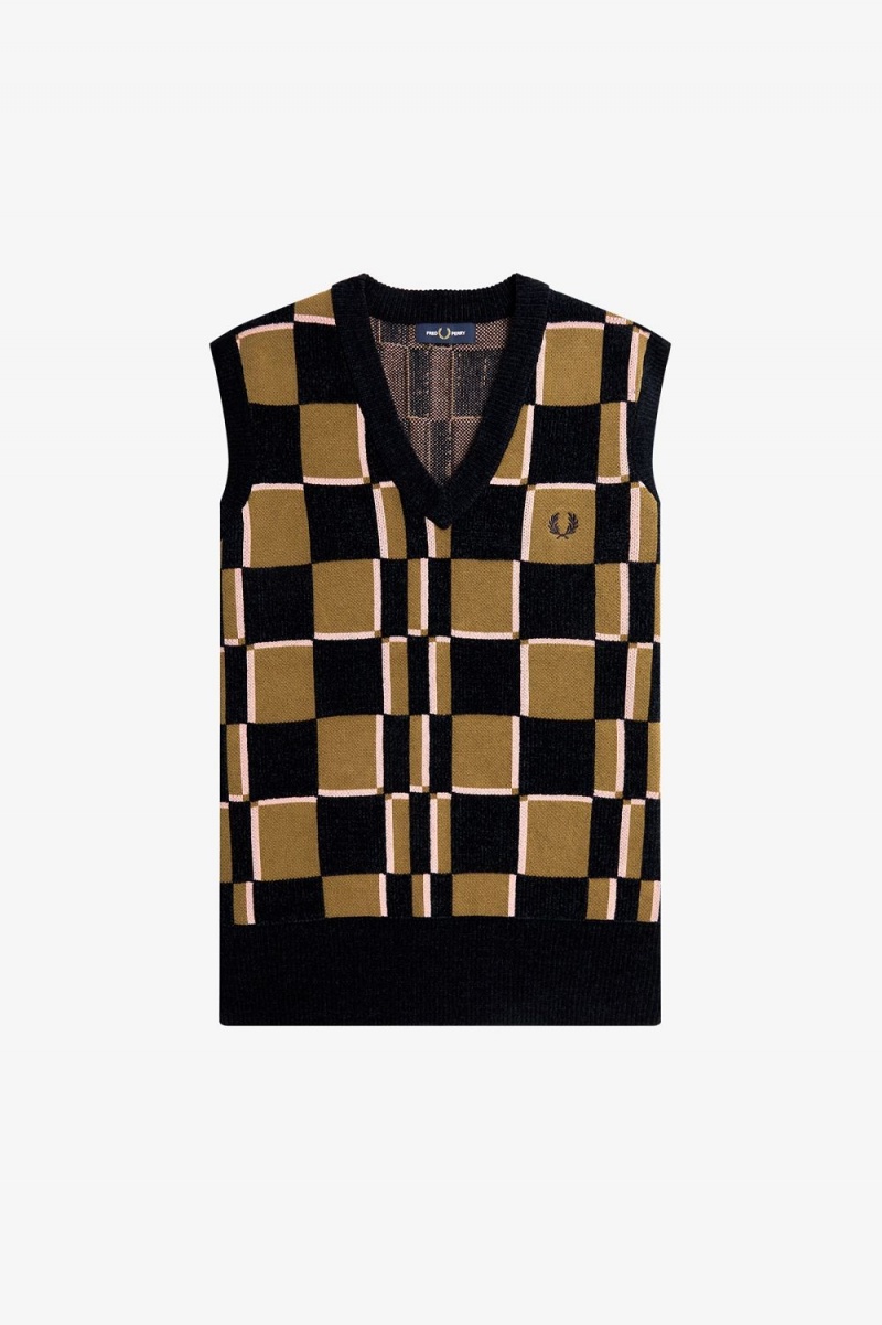 Fred Perry Glitch Chequerboard Men's Tanks Brown Navy | LDQXA4501