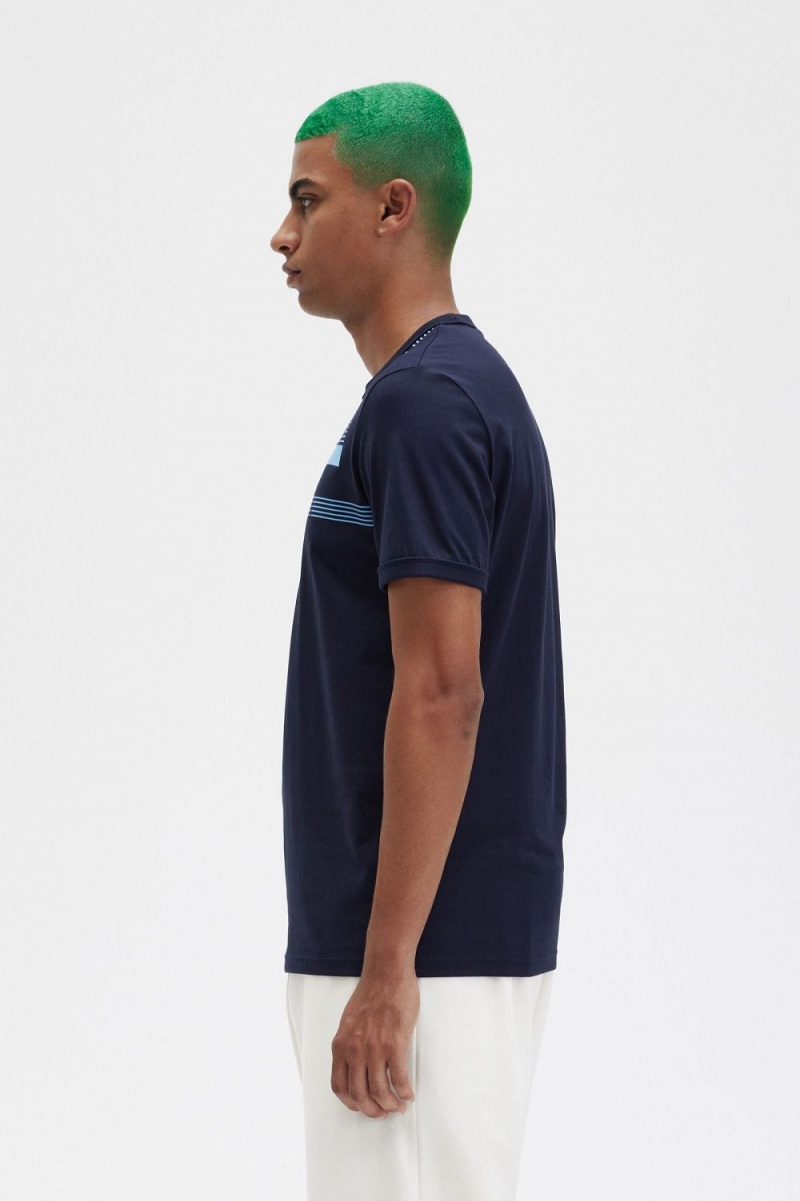 Fred Perry Glitch Print Men's T-Shirt Navy | HRIEG9562