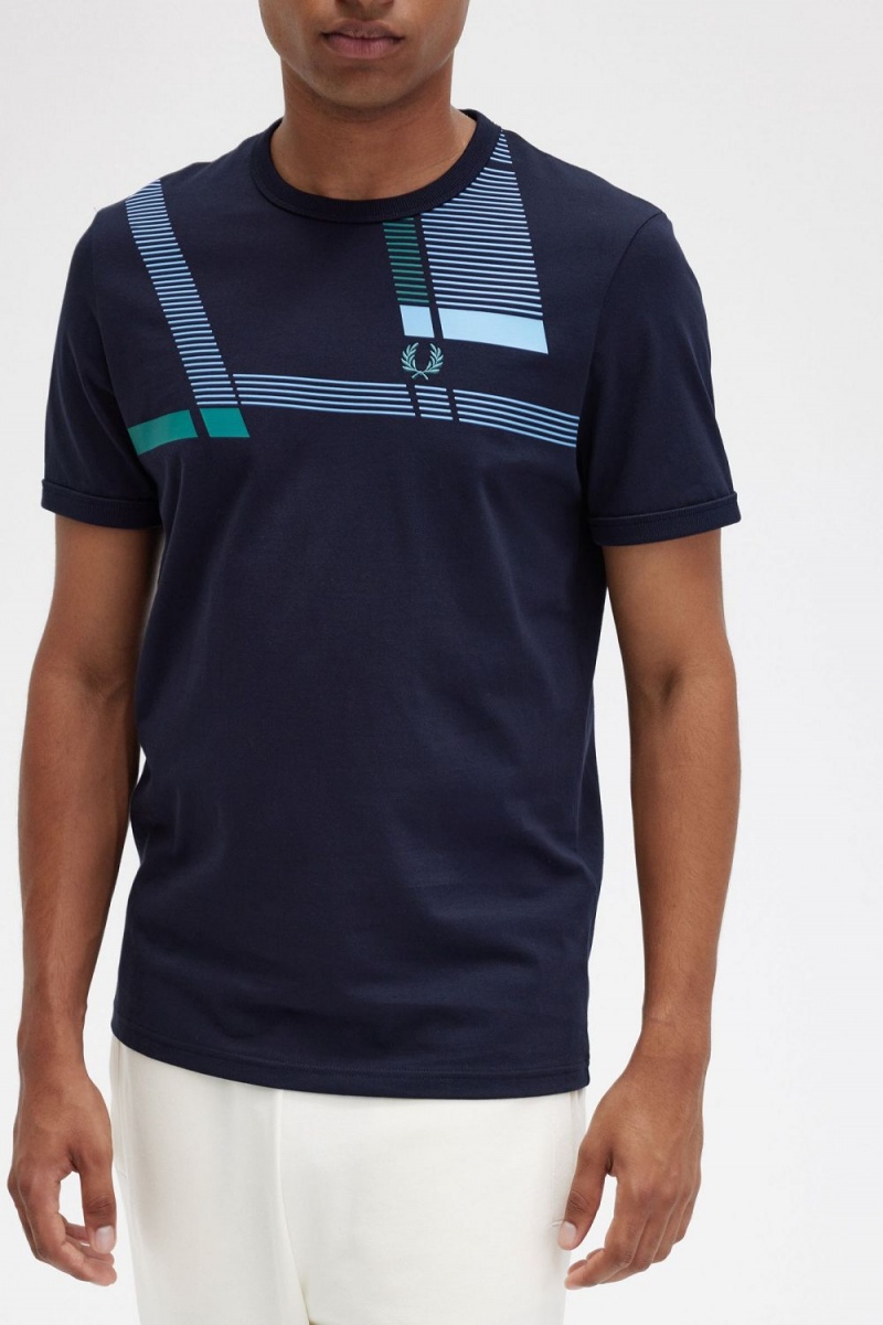 Fred Perry Glitch Print Men's T-Shirt Navy | HRIEG9562