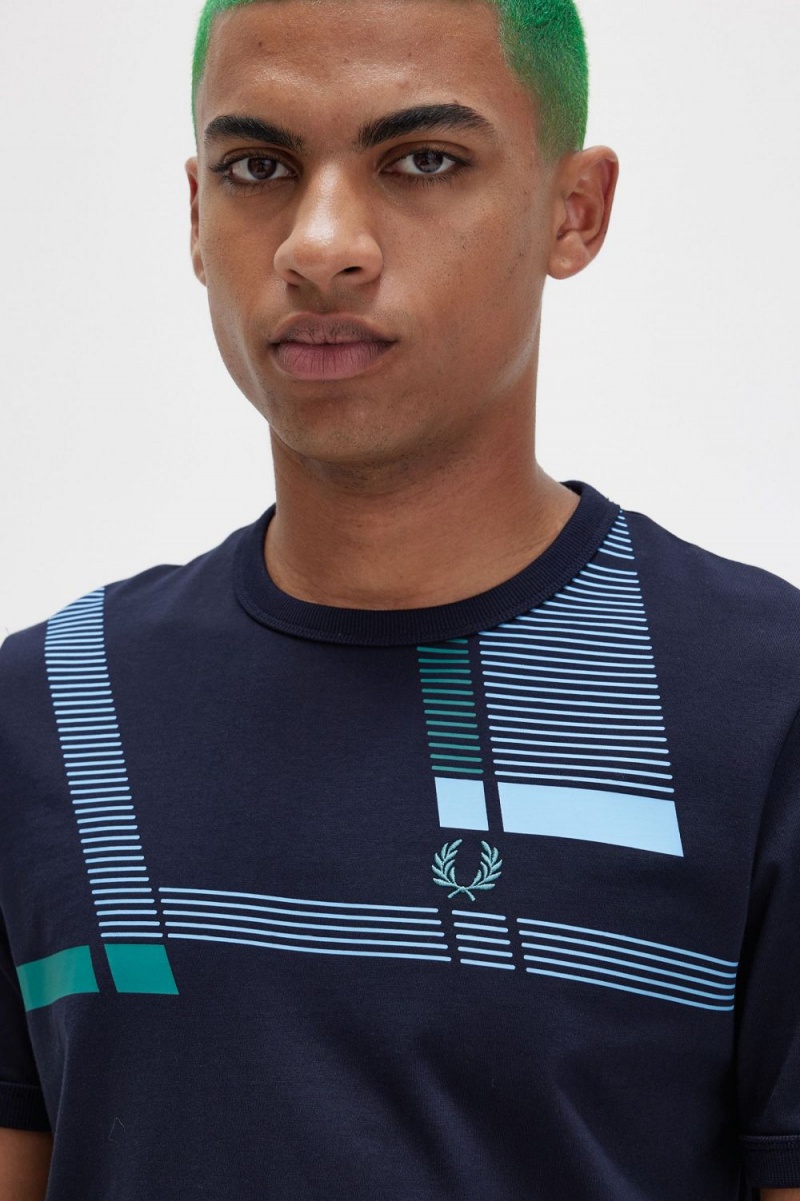 Fred Perry Glitch Print Men's T-Shirt Navy | HRIEG9562