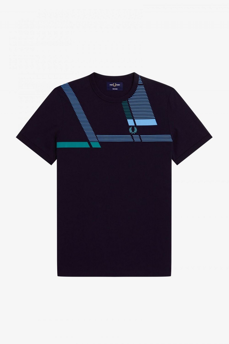 Fred Perry Glitch Print Men's T-Shirt Navy | HRIEG9562