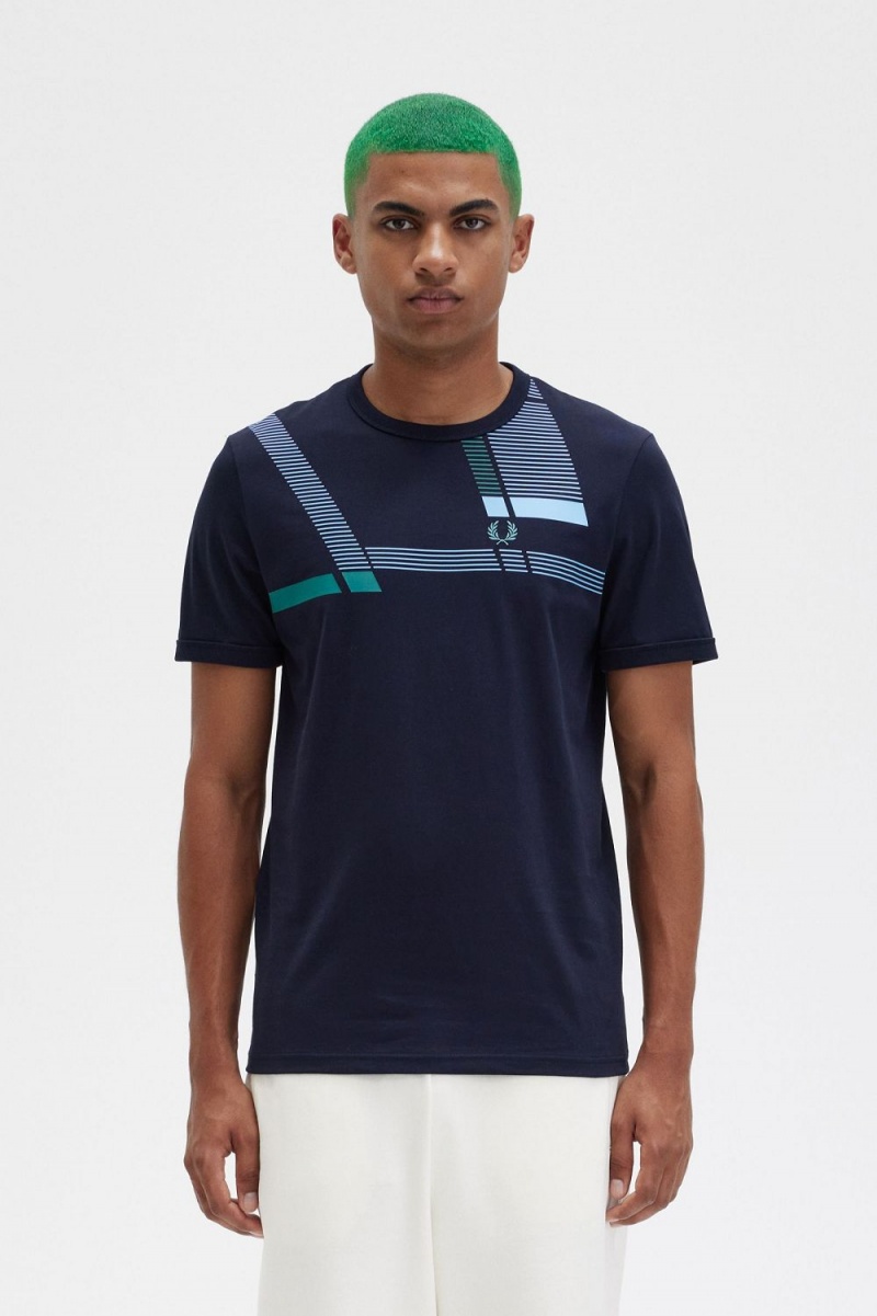 Fred Perry Glitch Print Men\'s T-Shirt Navy | HRIEG9562