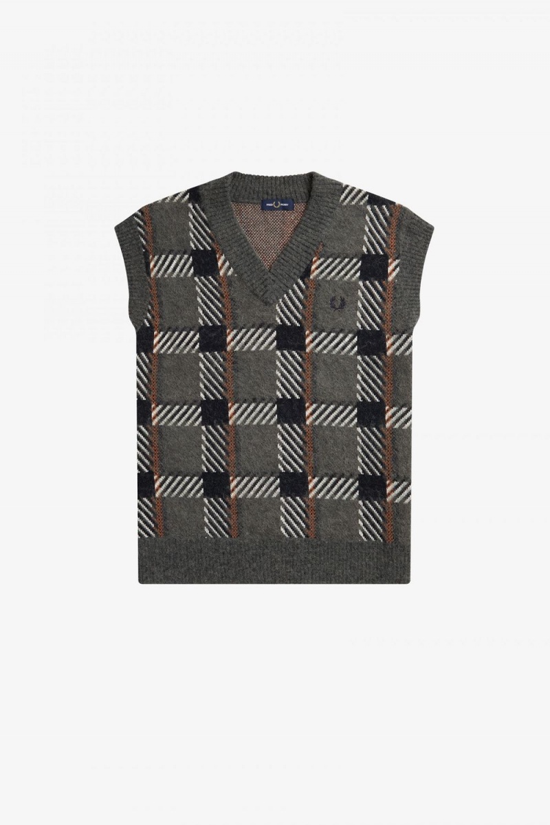 Fred Perry Glitch Tartan Knitted Men's Tanks Field Green | GXKOW6027