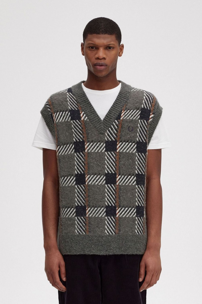 Fred Perry Glitch Tartan Knitted Men\'s Tanks Field Green | GXKOW6027