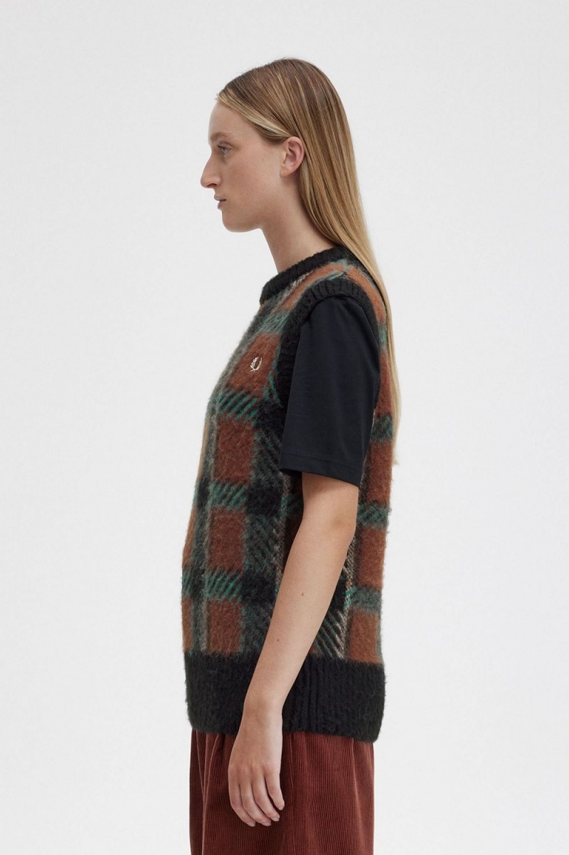 Fred Perry Glitch Tartan Knitted Women's Tanks Whisky Brown | SPNDB5312