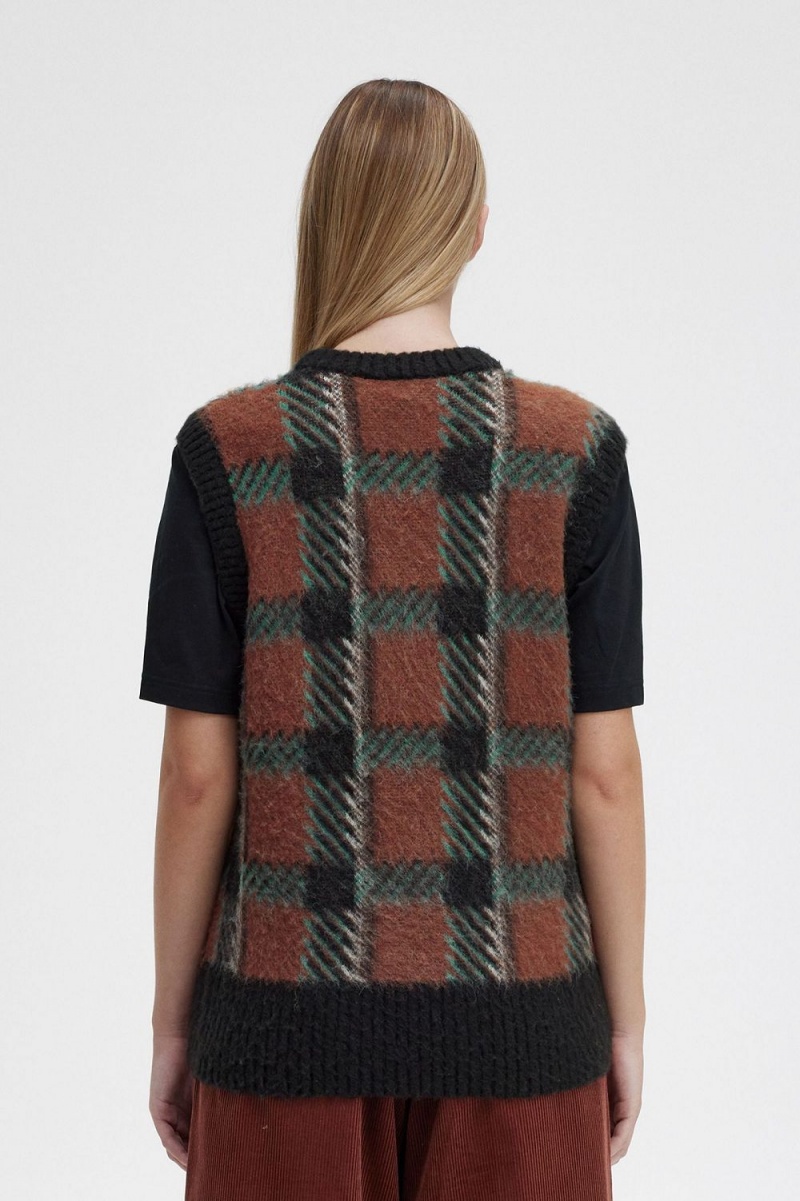 Fred Perry Glitch Tartan Knitted Women's Tanks Whisky Brown | SPNDB5312