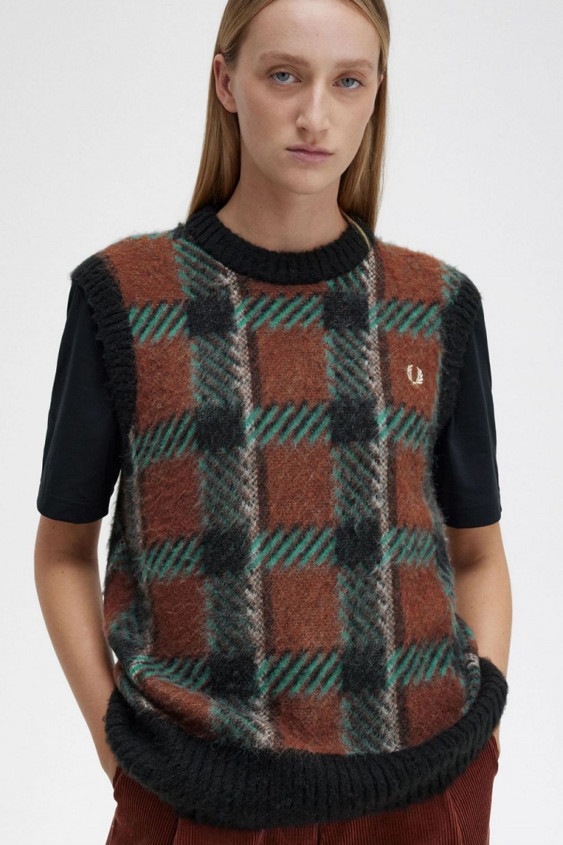 Fred Perry Glitch Tartan Knitted Women's Tanks Whisky Brown | SPNDB5312