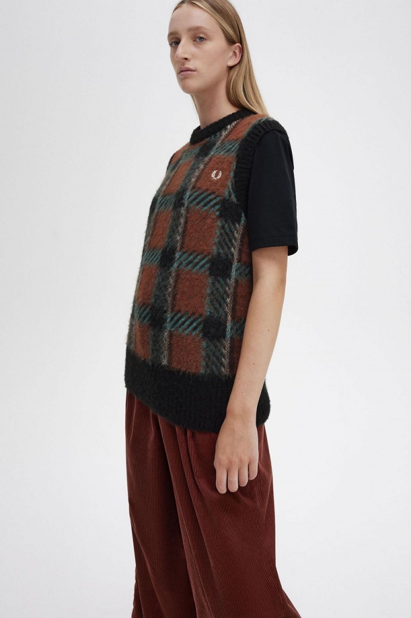 Fred Perry Glitch Tartan Knitted Women's Tanks Whisky Brown | SPNDB5312