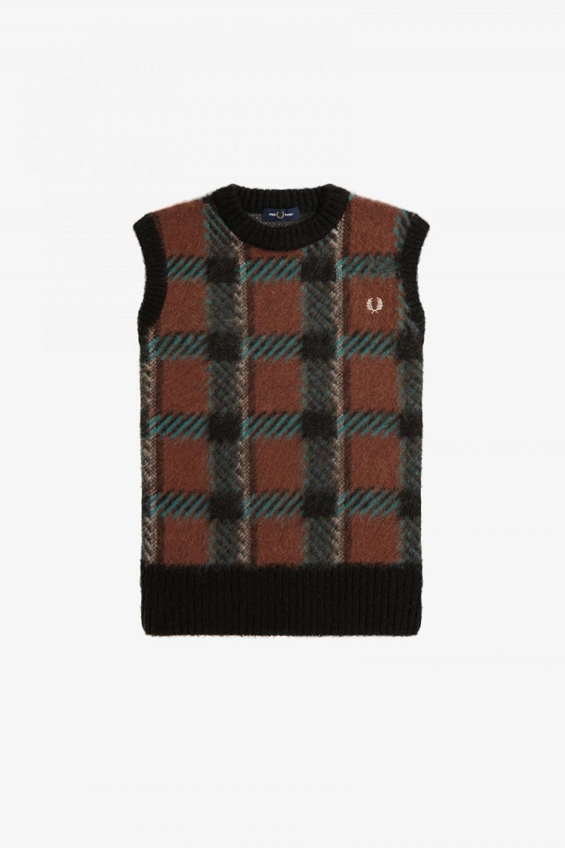 Fred Perry Glitch Tartan Knitted Women's Tanks Whisky Brown | SPNDB5312