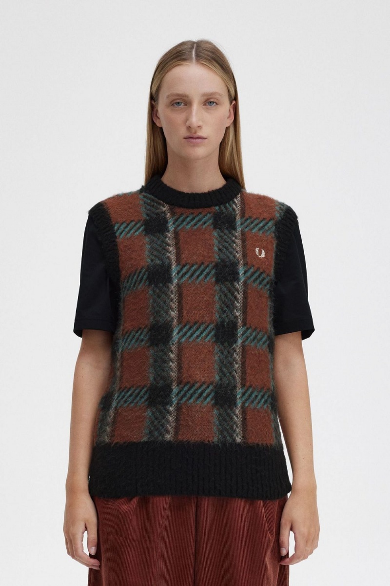 Fred Perry Glitch Tartan Knitted Women\'s Tanks Whisky Brown | SPNDB5312