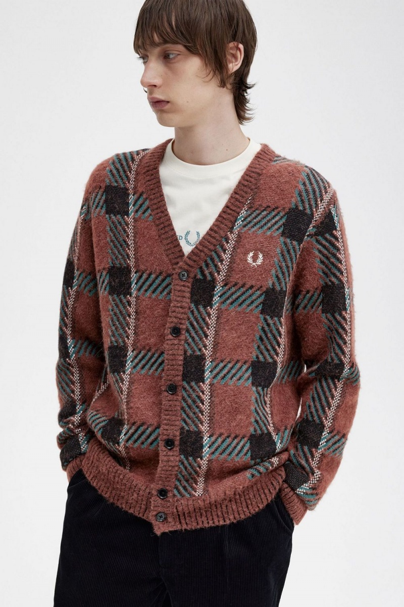 Fred Perry Glitch Tartan Men's Cardigan Whisky Brown | NSGJZ2403