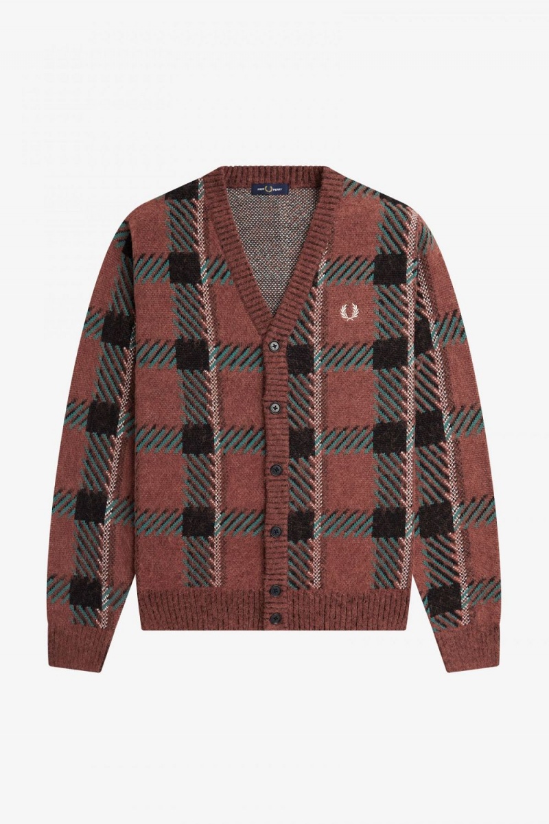 Fred Perry Glitch Tartan Men's Cardigan Whisky Brown | NSGJZ2403