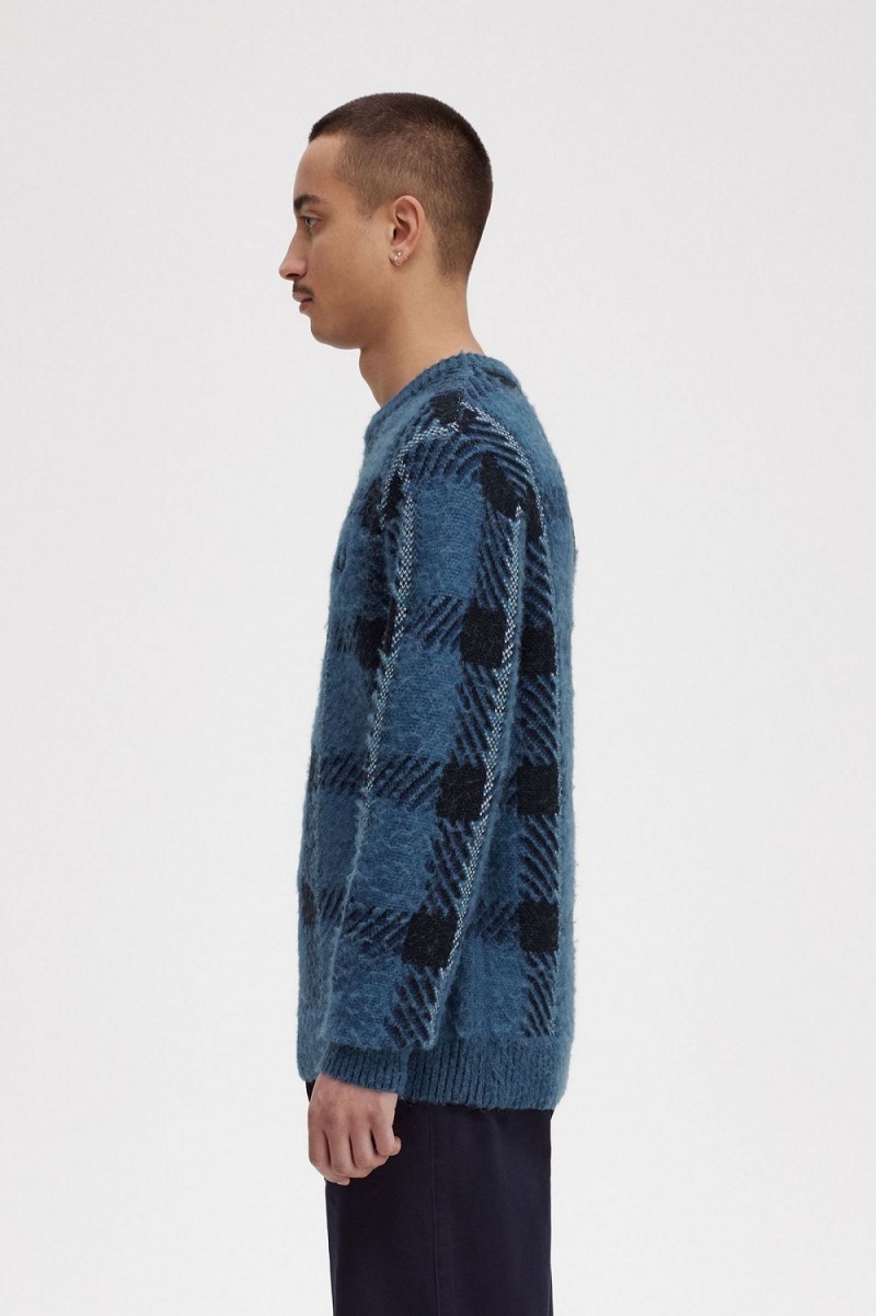 Fred Perry Glitch Tartan Men's Jumper Midnight Blue | FGDMH7390