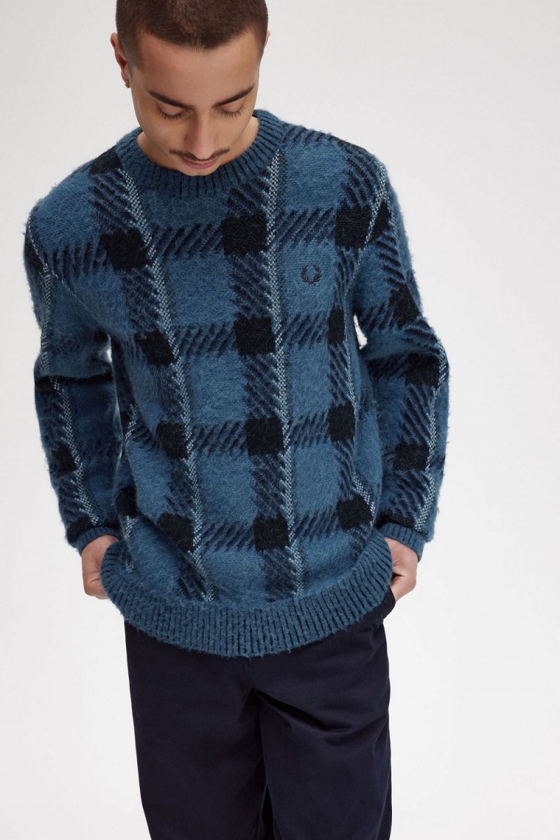 Fred Perry Glitch Tartan Men's Jumper Midnight Blue | FGDMH7390