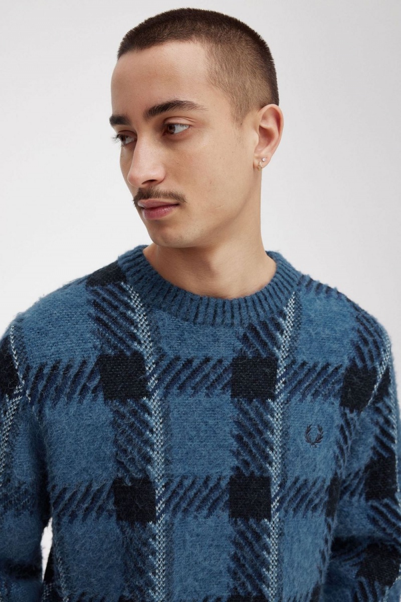 Fred Perry Glitch Tartan Men's Jumper Midnight Blue | FGDMH7390