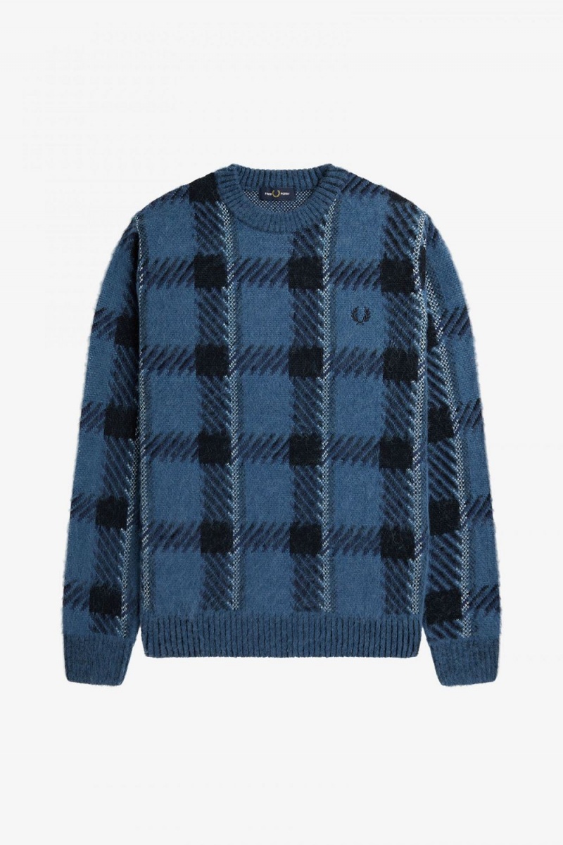 Fred Perry Glitch Tartan Men's Jumper Midnight Blue | FGDMH7390