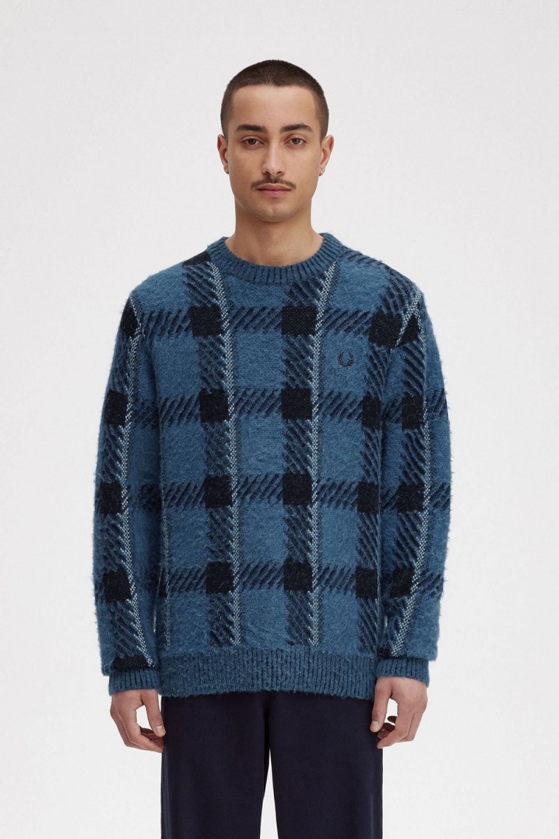 Fred Perry Glitch Tartan Men\'s Jumper Midnight Blue | FGDMH7390