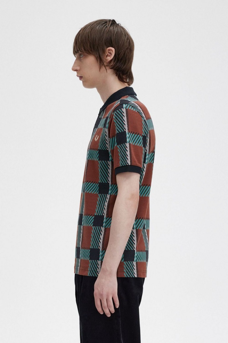 Fred Perry Glitch Tartan Men's Polo Shirt Whisky Brown | XIKEF2148