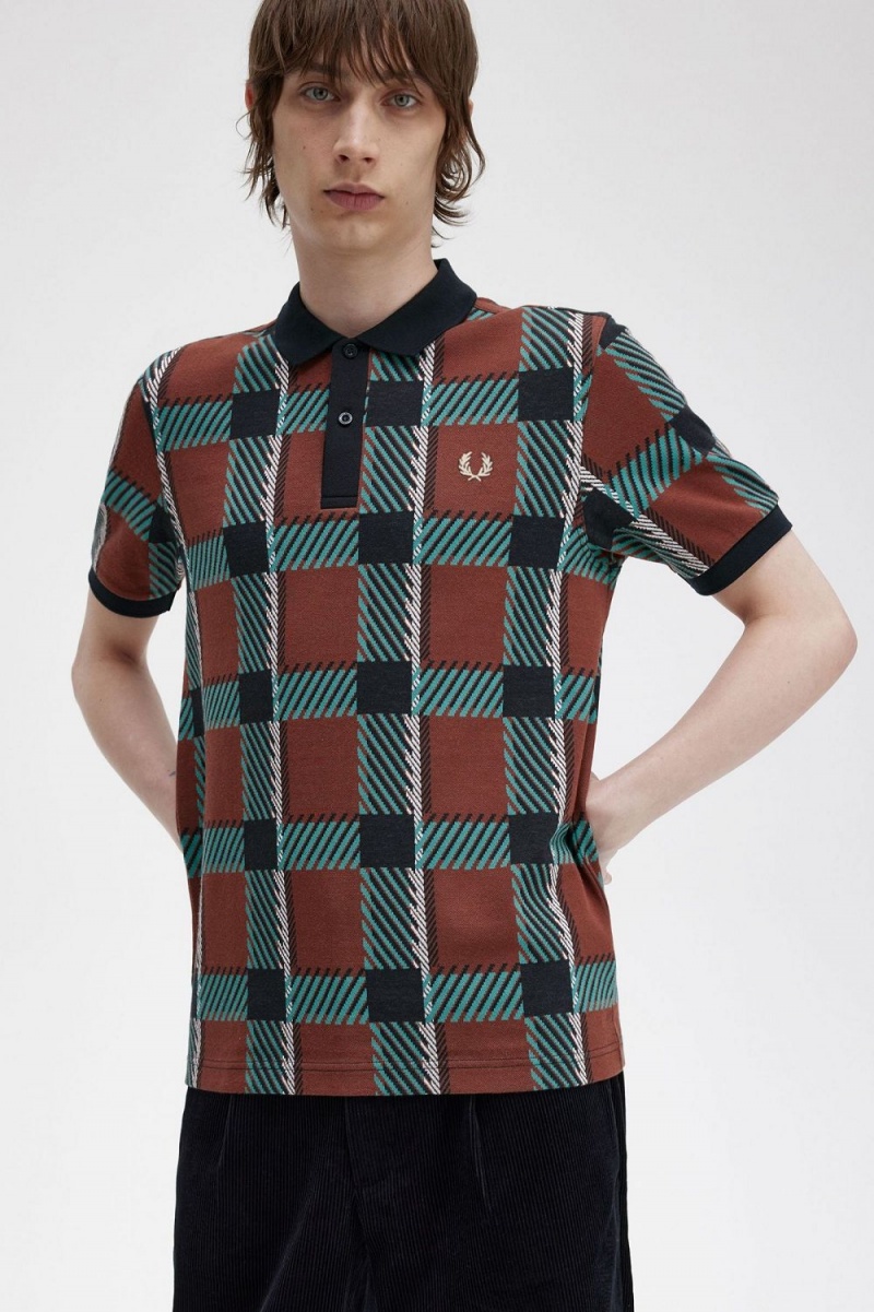 Fred Perry Glitch Tartan Men's Polo Shirt Whisky Brown | XIKEF2148