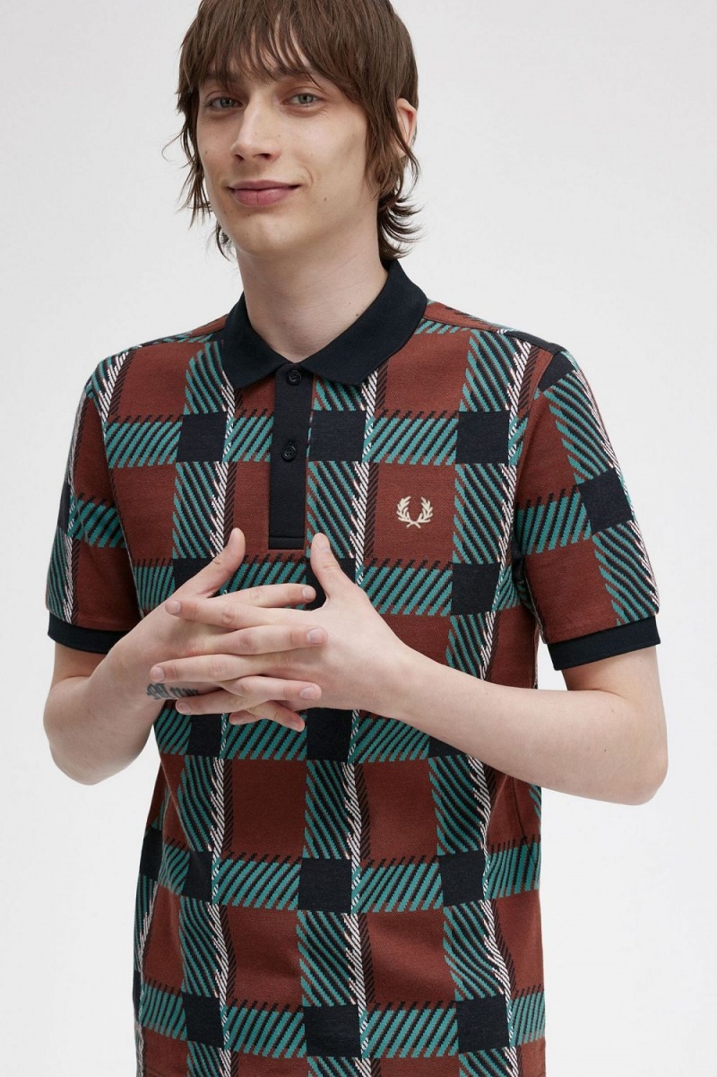 Fred Perry Glitch Tartan Men's Polo Shirt Whisky Brown | XIKEF2148