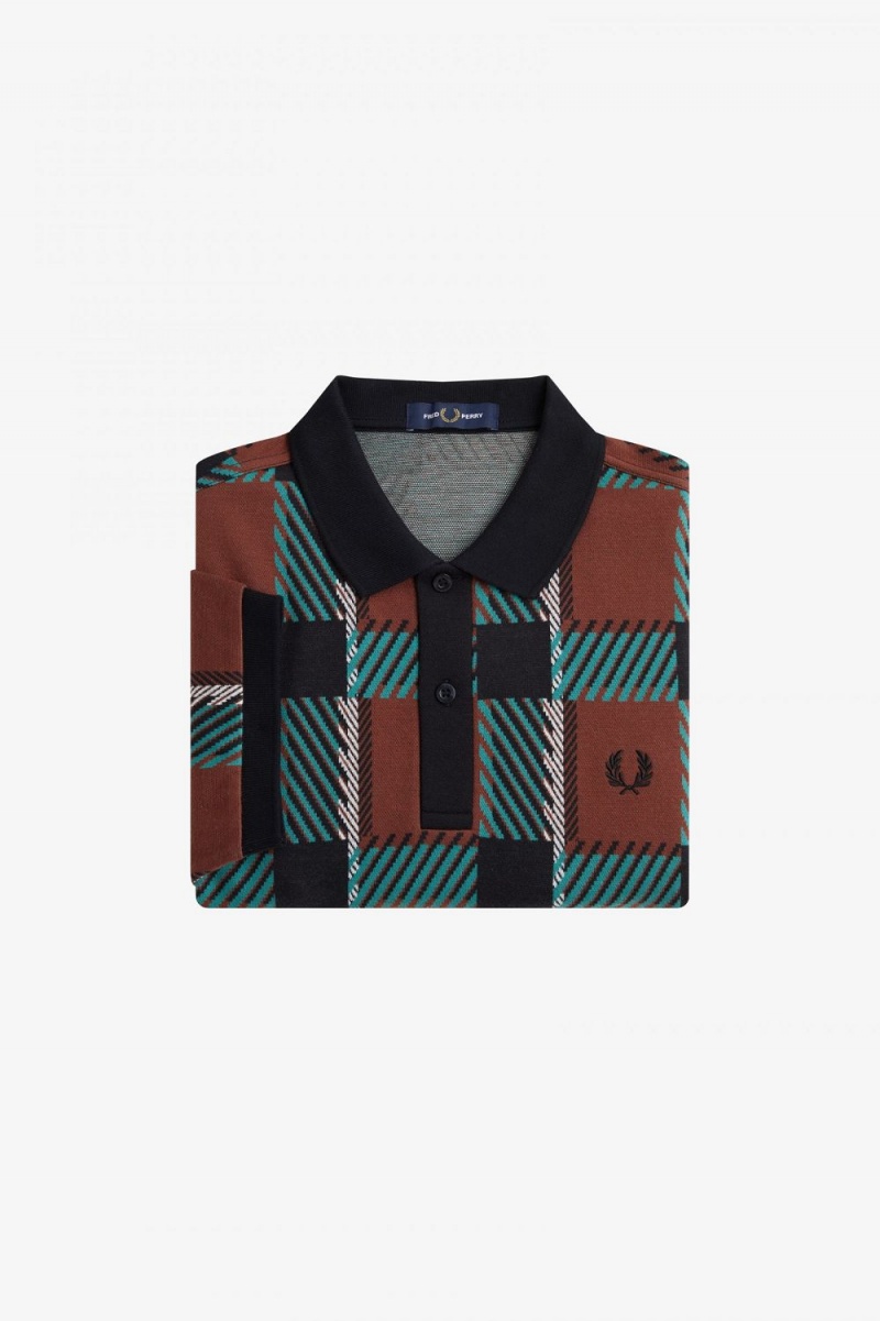 Fred Perry Glitch Tartan Men's Polo Shirt Whisky Brown | XIKEF2148