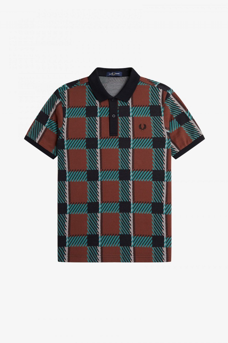 Fred Perry Glitch Tartan Men's Polo Shirt Whisky Brown | XIKEF2148