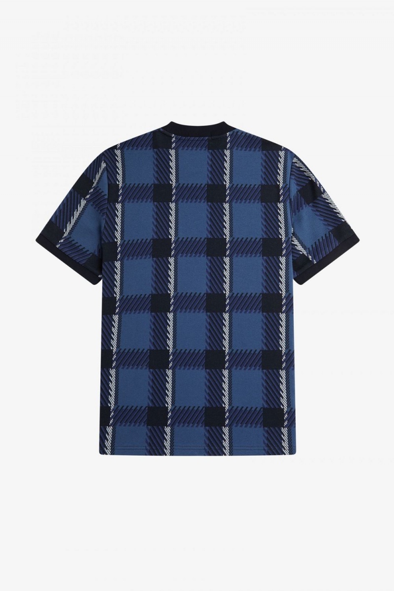 Fred Perry Glitch Tartan Men's T-Shirt Midnight Blue | BHJRG0984