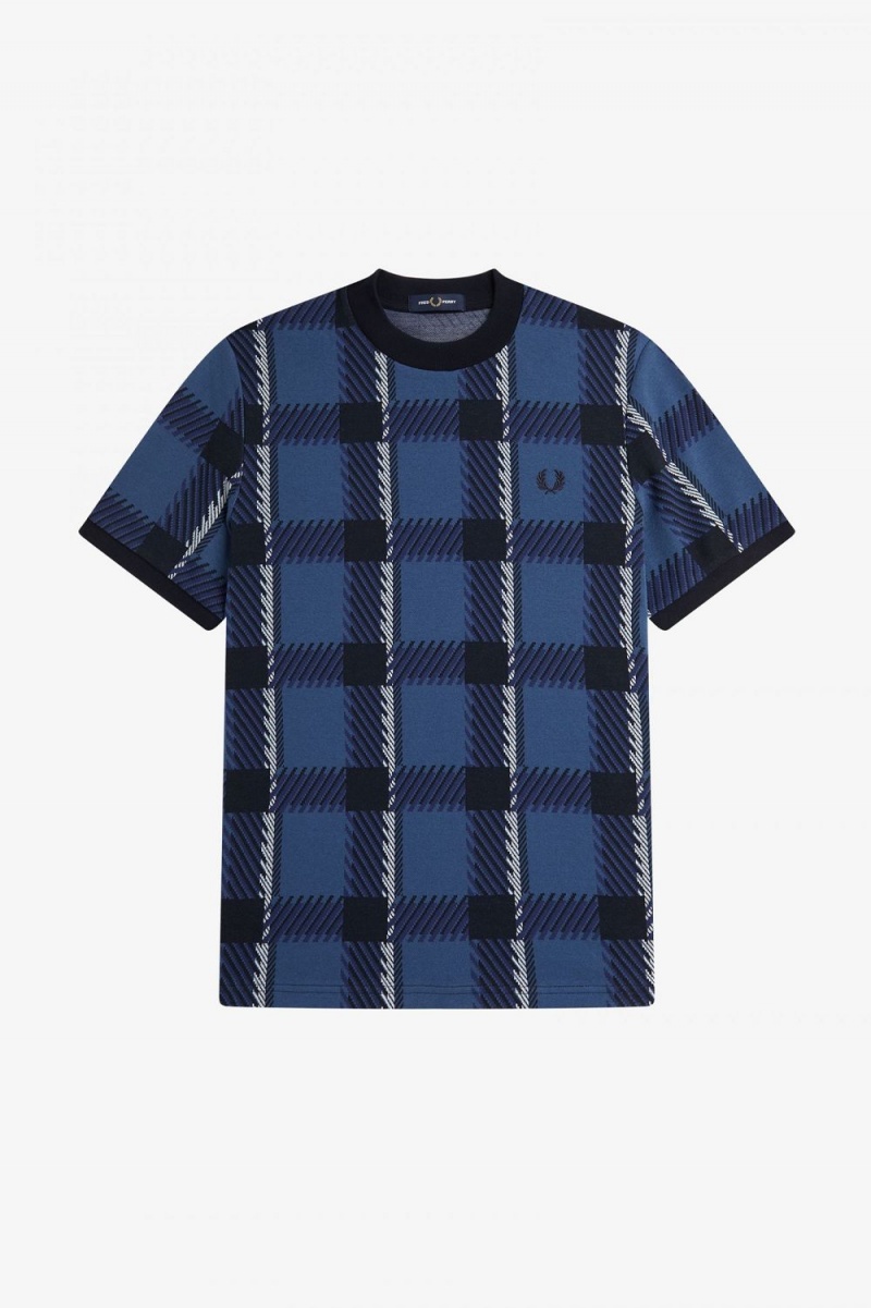 Fred Perry Glitch Tartan Men\'s T-Shirt Midnight Blue | BHJRG0984