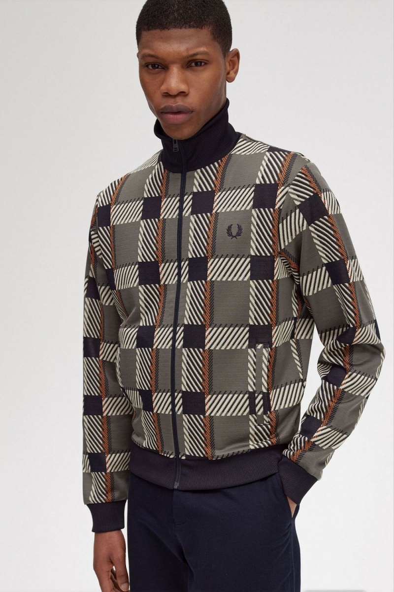 Fred Perry Glitch Tartan Men's Track Jackets Field Green | NFOTQ0685