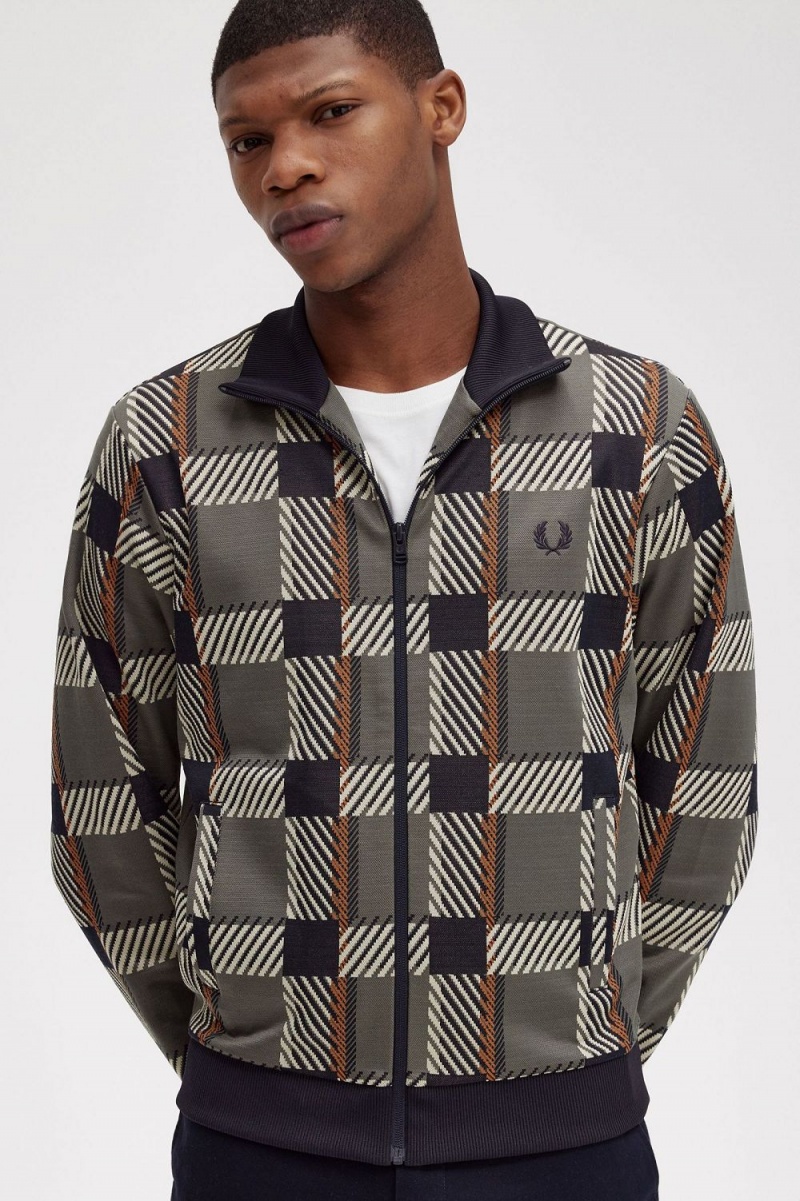 Fred Perry Glitch Tartan Men's Track Jackets Field Green | NFOTQ0685