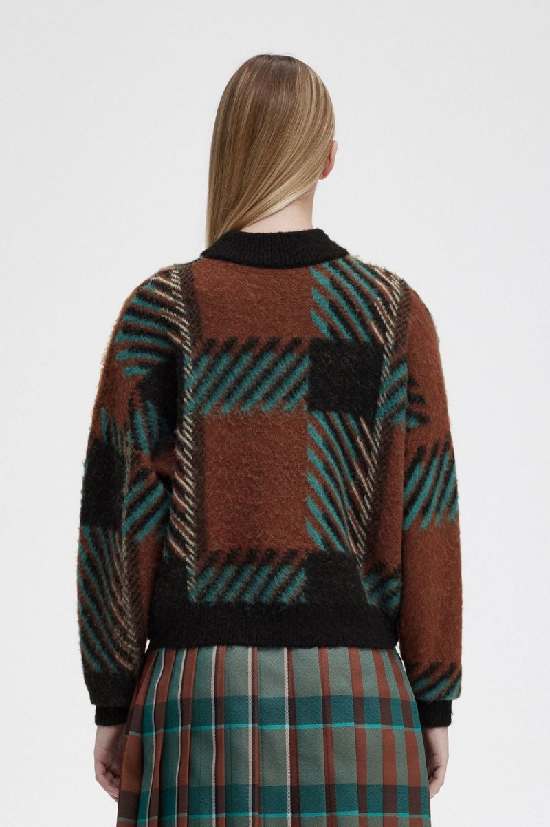 Fred Perry Glitch Tartan Women's Jumper Whisky Brown | QUFAO0821