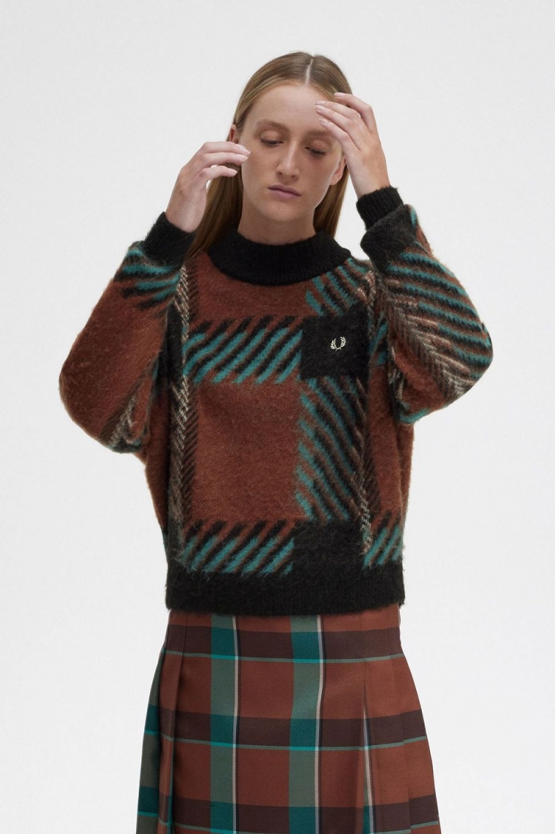 Fred Perry Glitch Tartan Women's Jumper Whisky Brown | QUFAO0821