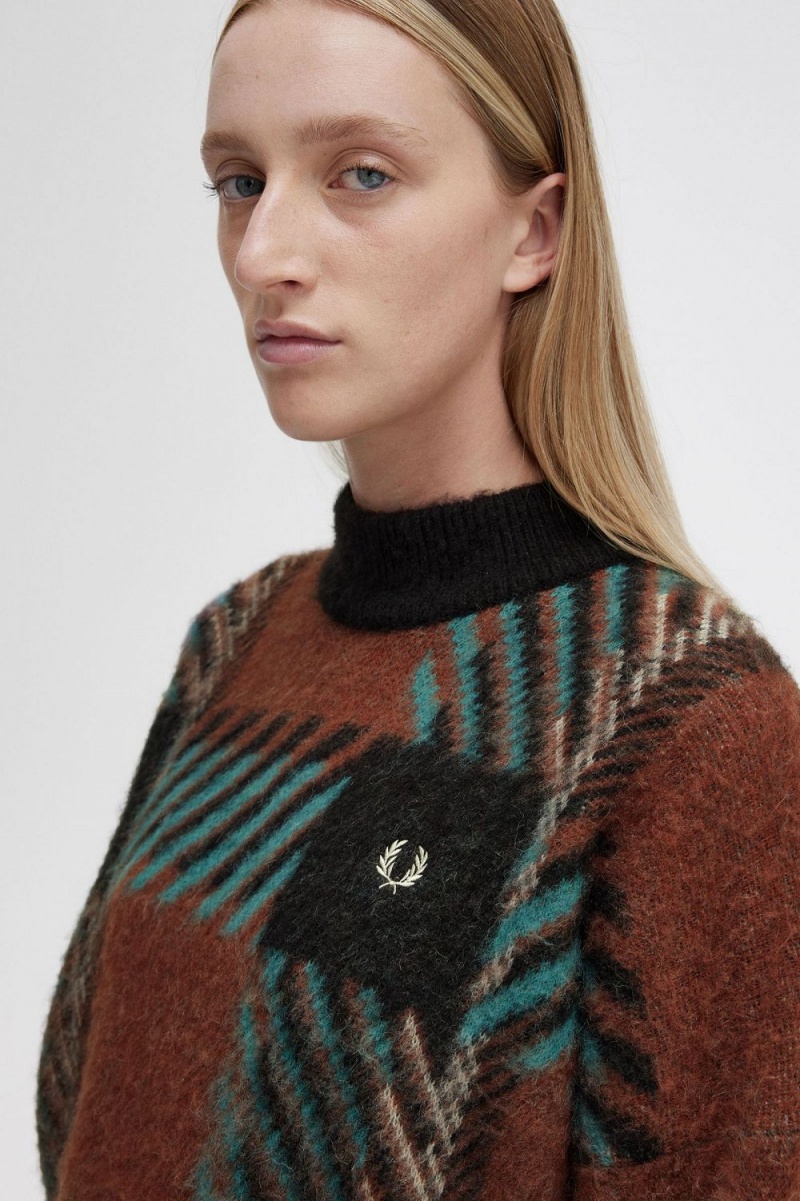 Fred Perry Glitch Tartan Women's Jumper Whisky Brown | QUFAO0821