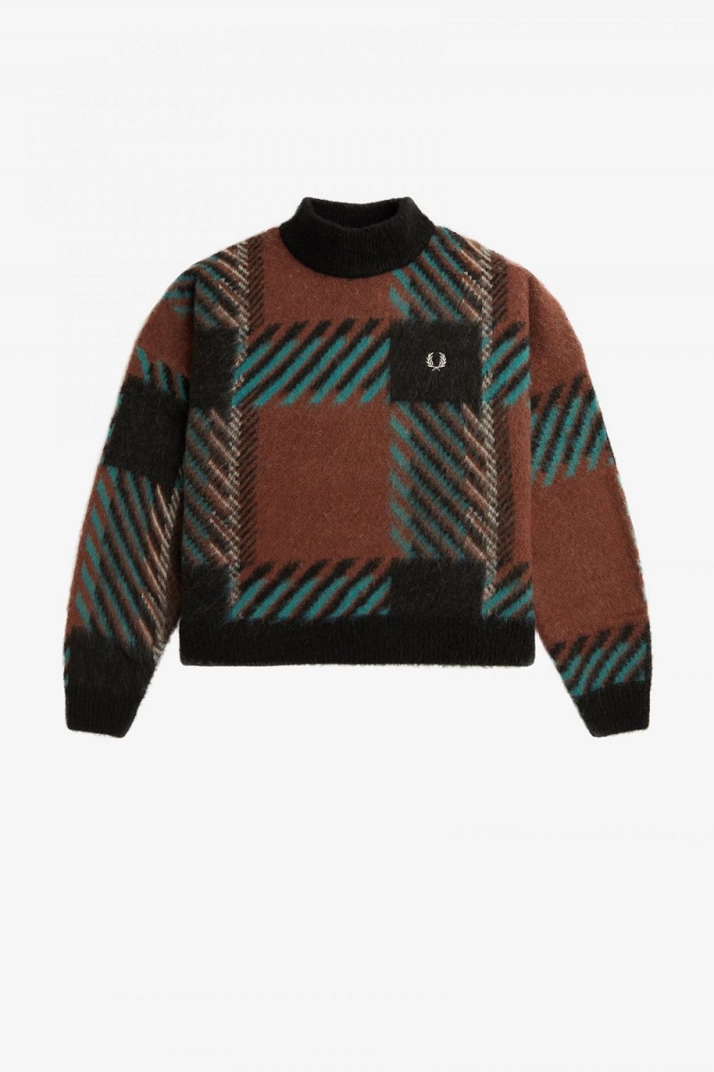 Fred Perry Glitch Tartan Women's Jumper Whisky Brown | QUFAO0821