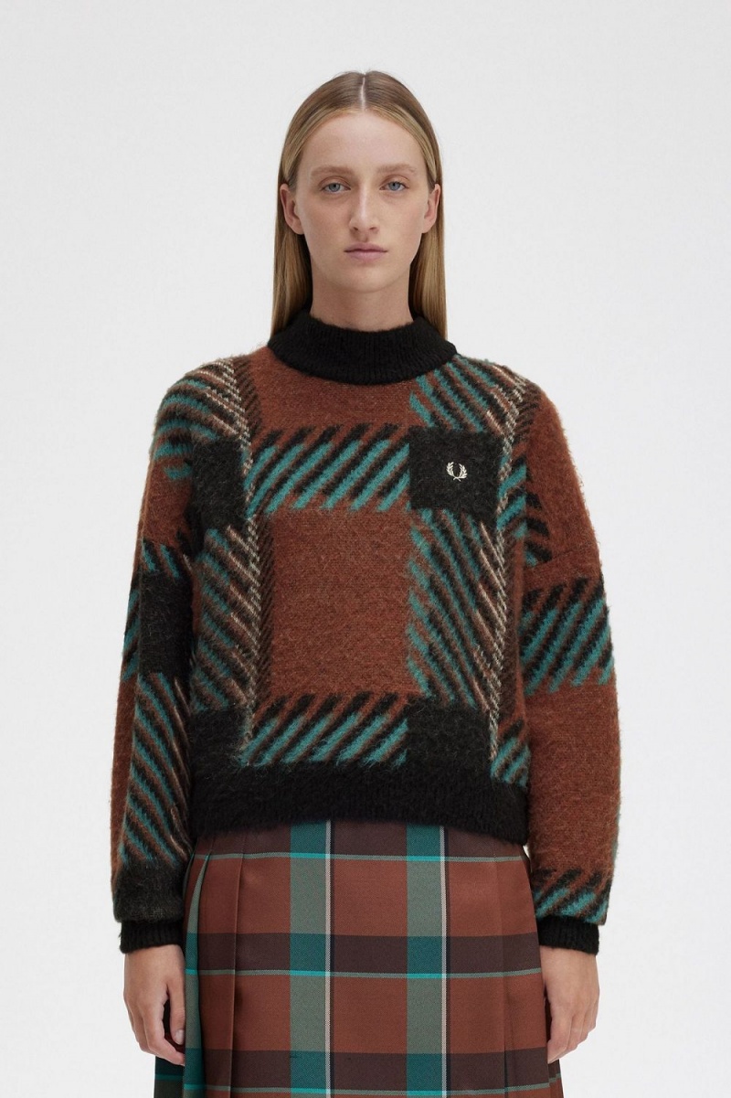 Fred Perry Glitch Tartan Women\'s Jumper Whisky Brown | QUFAO0821