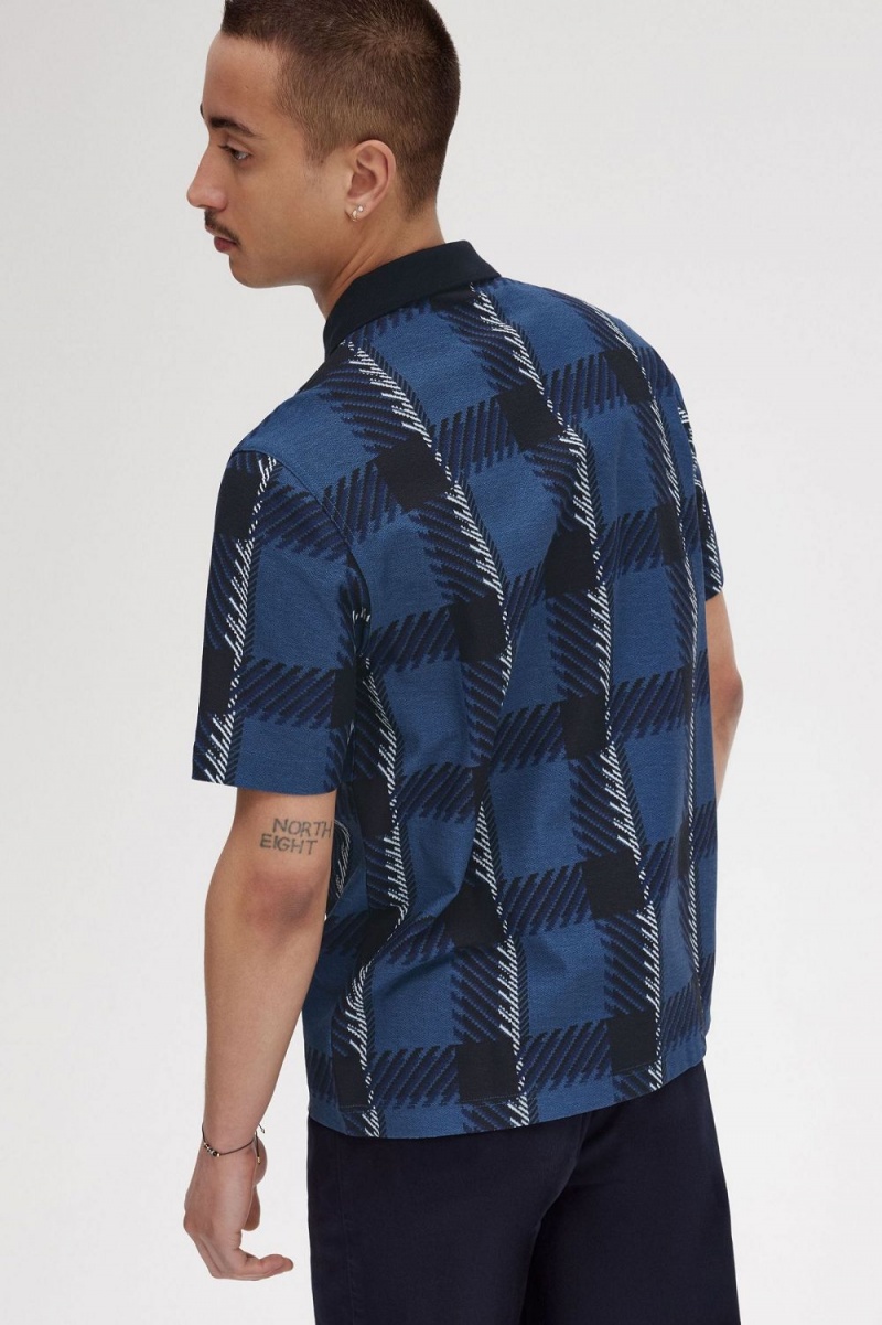 Fred Perry Glitch Tartan Zip Neck Men's Polo Shirt Midnight Blue | PDNYI5619