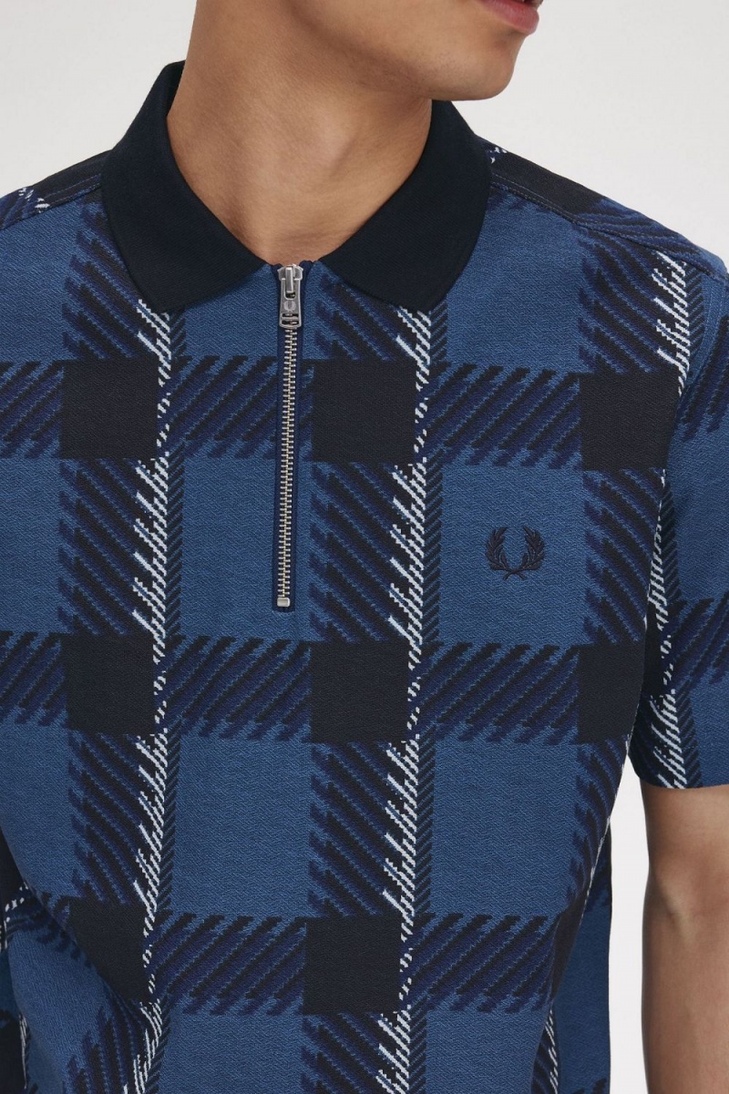 Fred Perry Glitch Tartan Zip Neck Men's Polo Shirt Midnight Blue | PDNYI5619