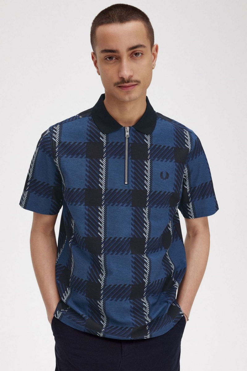 Fred Perry Glitch Tartan Zip Neck Men's Polo Shirt Midnight Blue | PDNYI5619