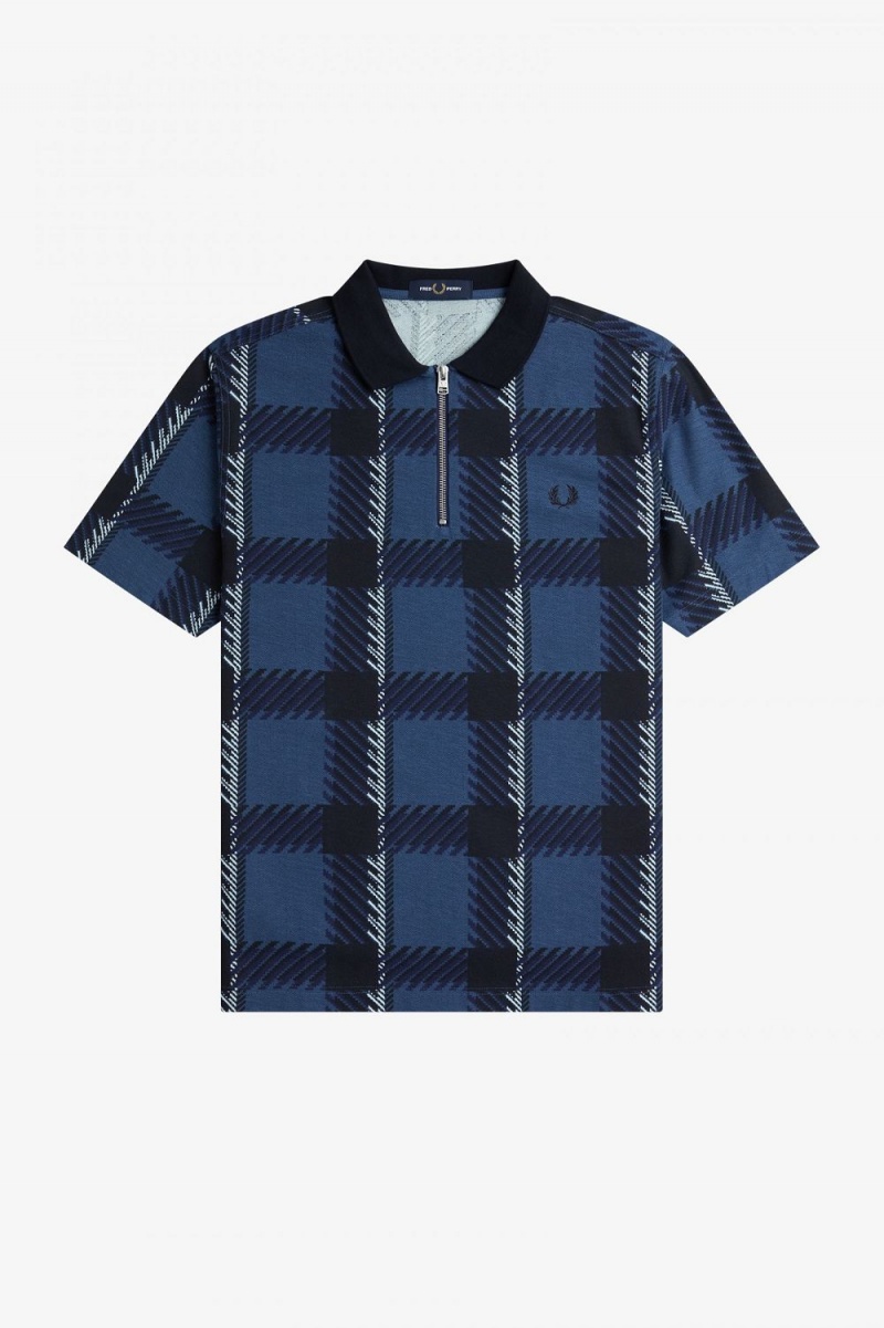 Fred Perry Glitch Tartan Zip Neck Men's Polo Shirt Midnight Blue | PDNYI5619